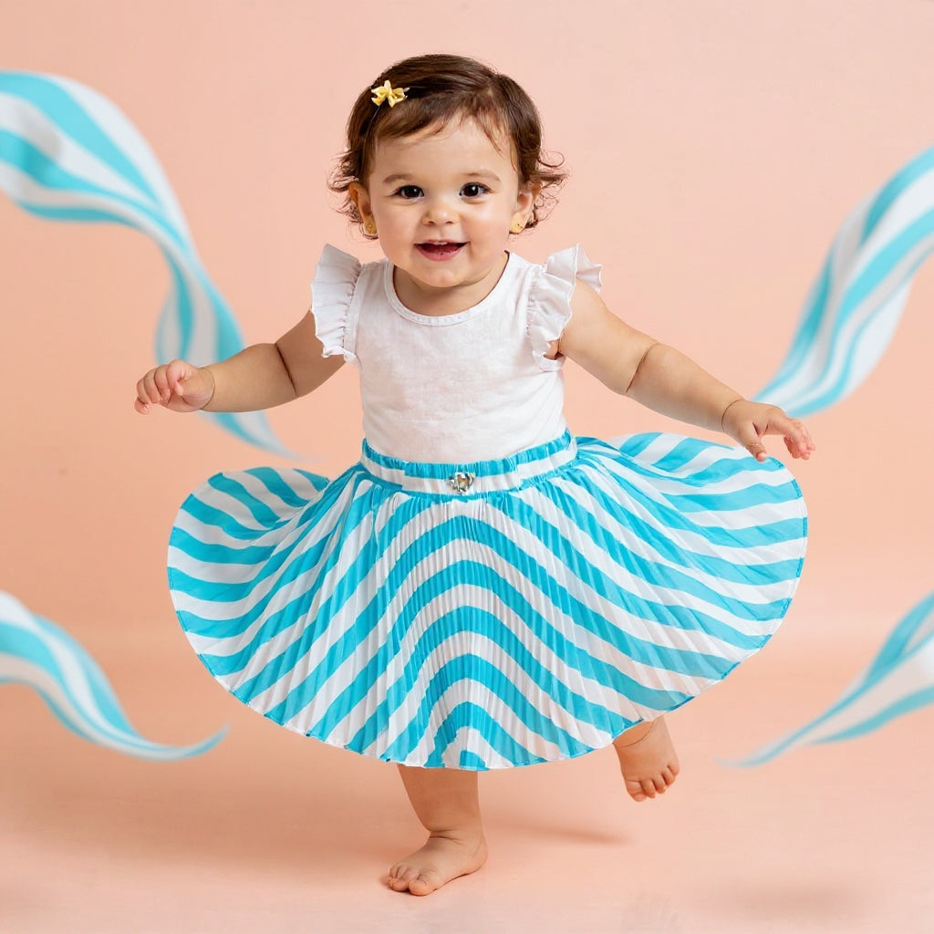 Baby Girls Teal Blue Striped Skirt – Single Piece Only | Elegant Pleated Skirt for 1–4 Years