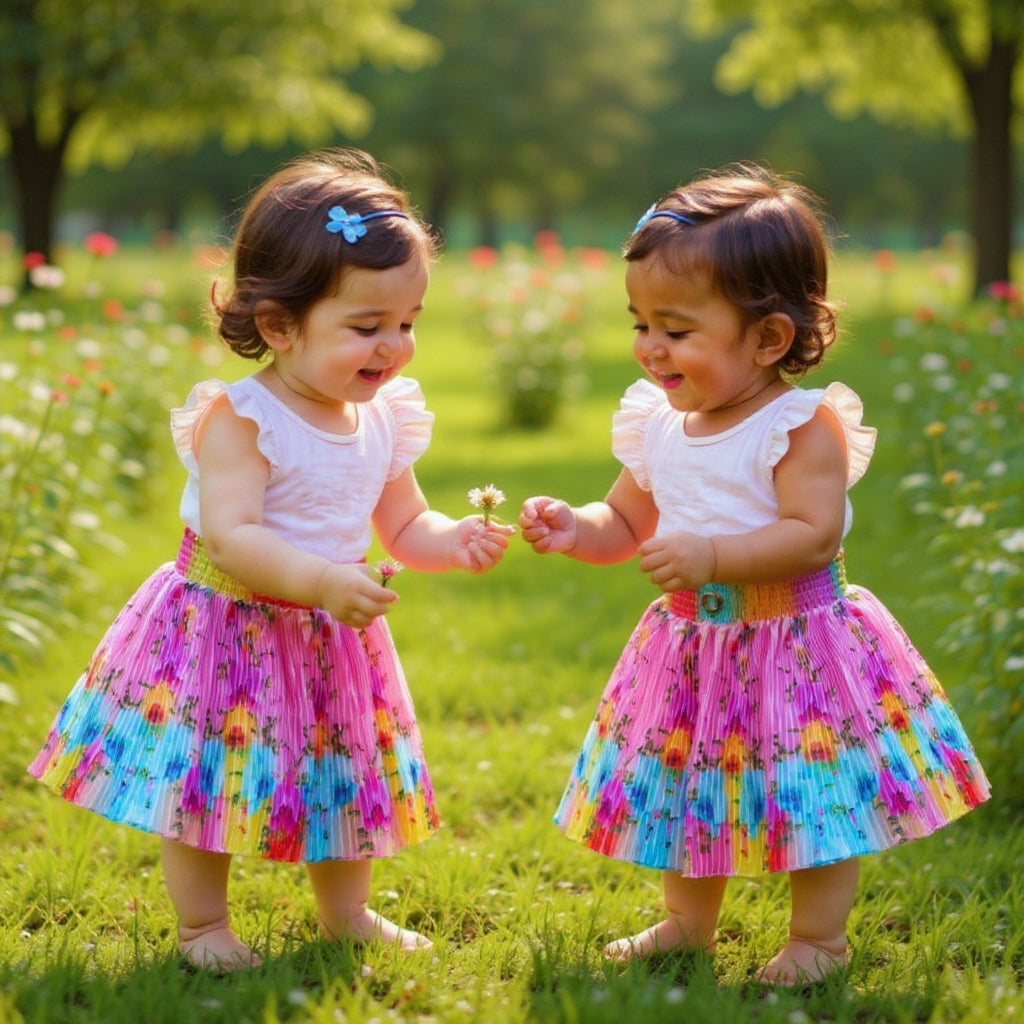 Baby Girls Single Piece Floral Pleated Satin Skirt with Elastic Waist & Inner Lining (Astar) – 100% Quality Guaranteed