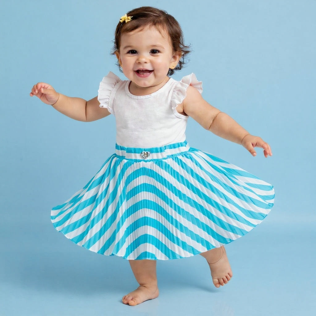Baby Girls Teal Blue Striped Skirt – Single Piece Only | Elegant Pleated Skirt for 1–4 Years