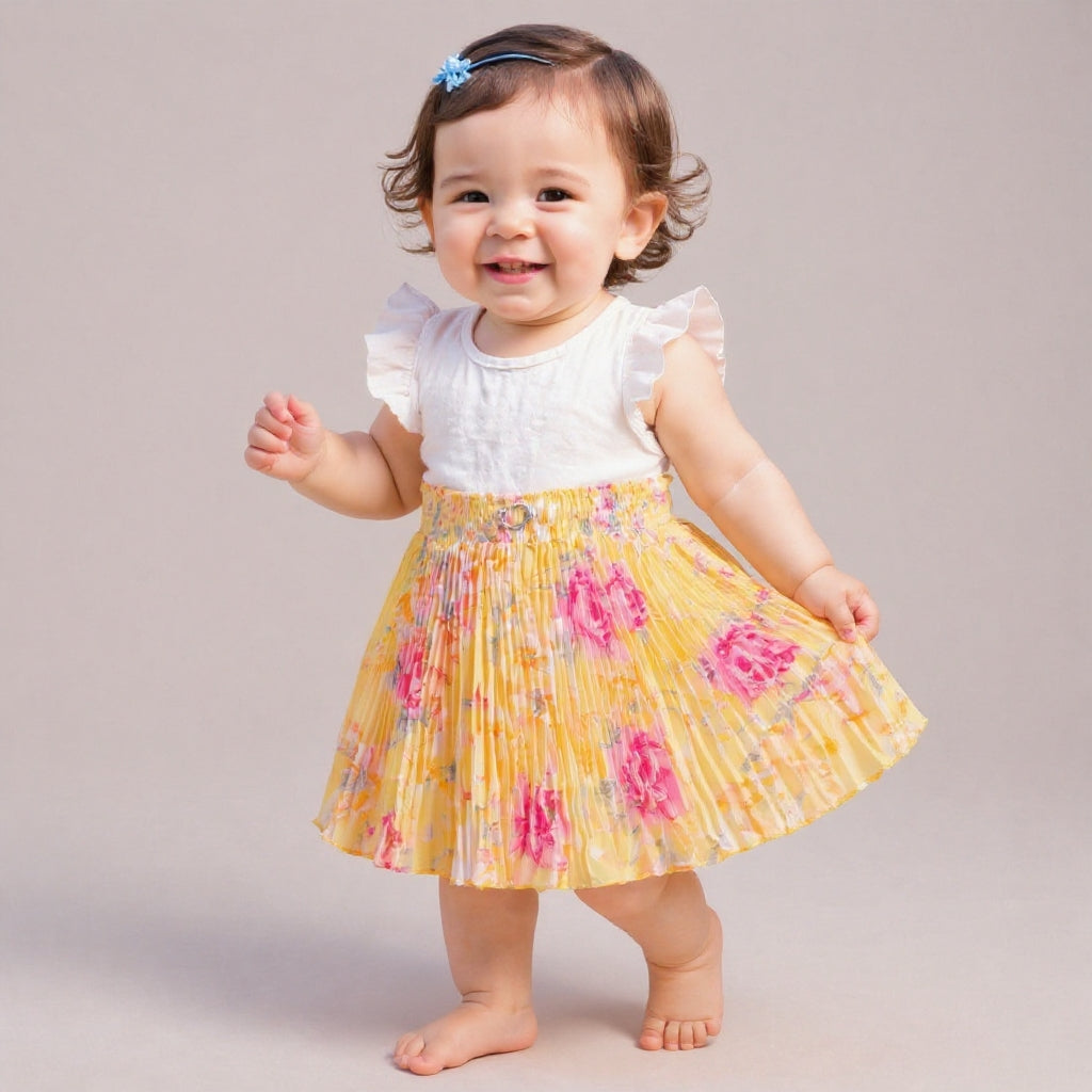 Baby Girls Yellow Floral Pleated Skirt | Soft Elastic Waist | Cute & Stylish Single Piece Skirt