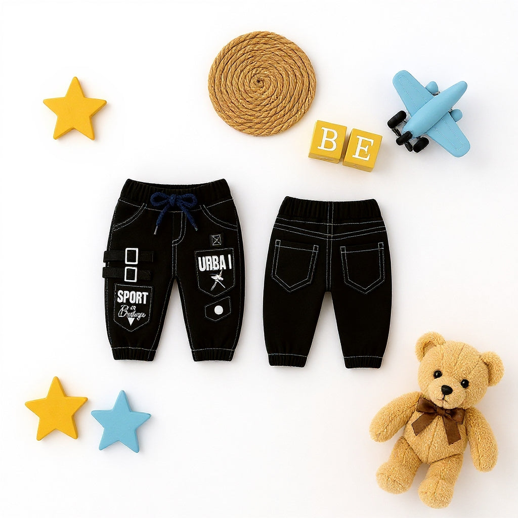 Baby Boys Stylish Black Cargo Jogger Pants | Soft & Comfortable Cotton Bottom Wear