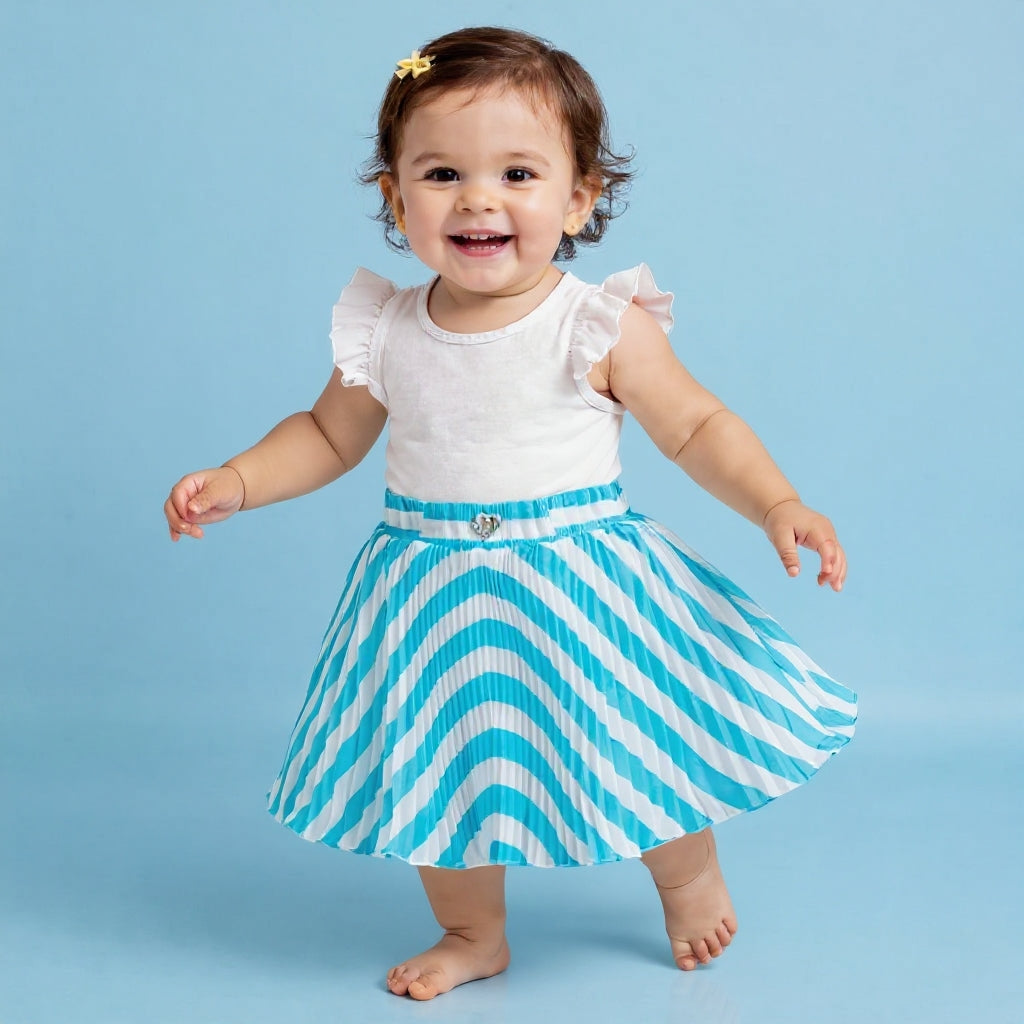 Baby Girls Teal Blue Striped Skirt – Single Piece Only | Elegant Pleated Skirt for 1–4 Years
