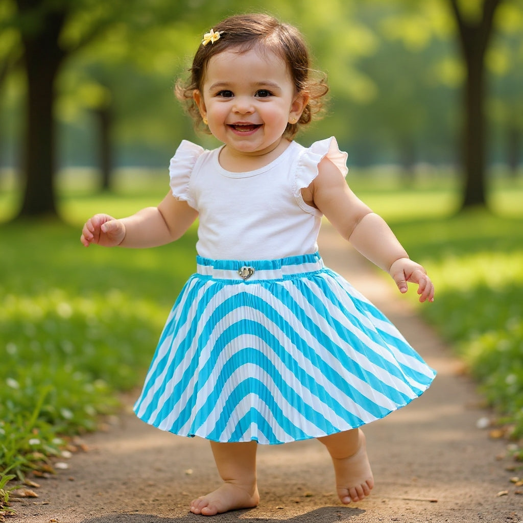 Baby Girls Teal Blue Striped Skirt – Single Piece Only | Elegant Pleated Skirt for 1–4 Years