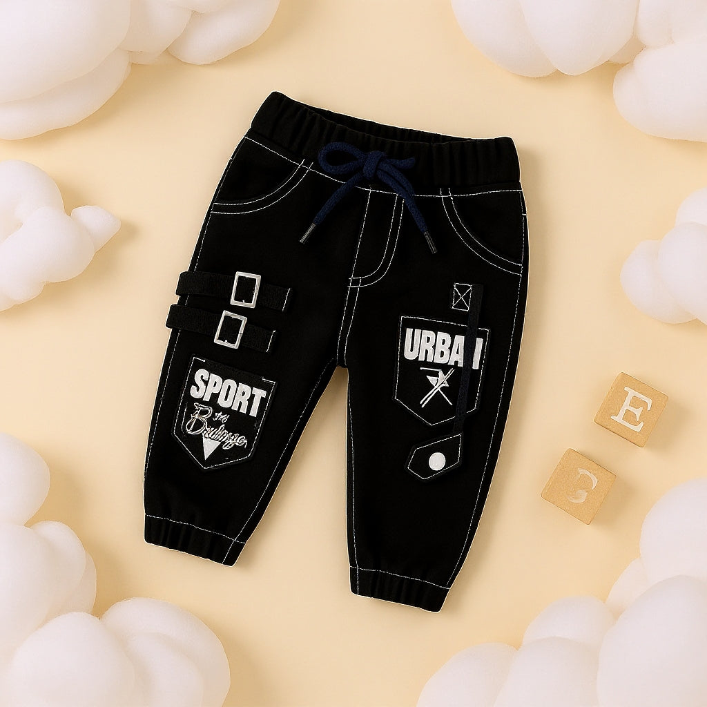 Baby Boys Stylish Black Cargo Jogger Pants | Soft & Comfortable Cotton Bottom Wear