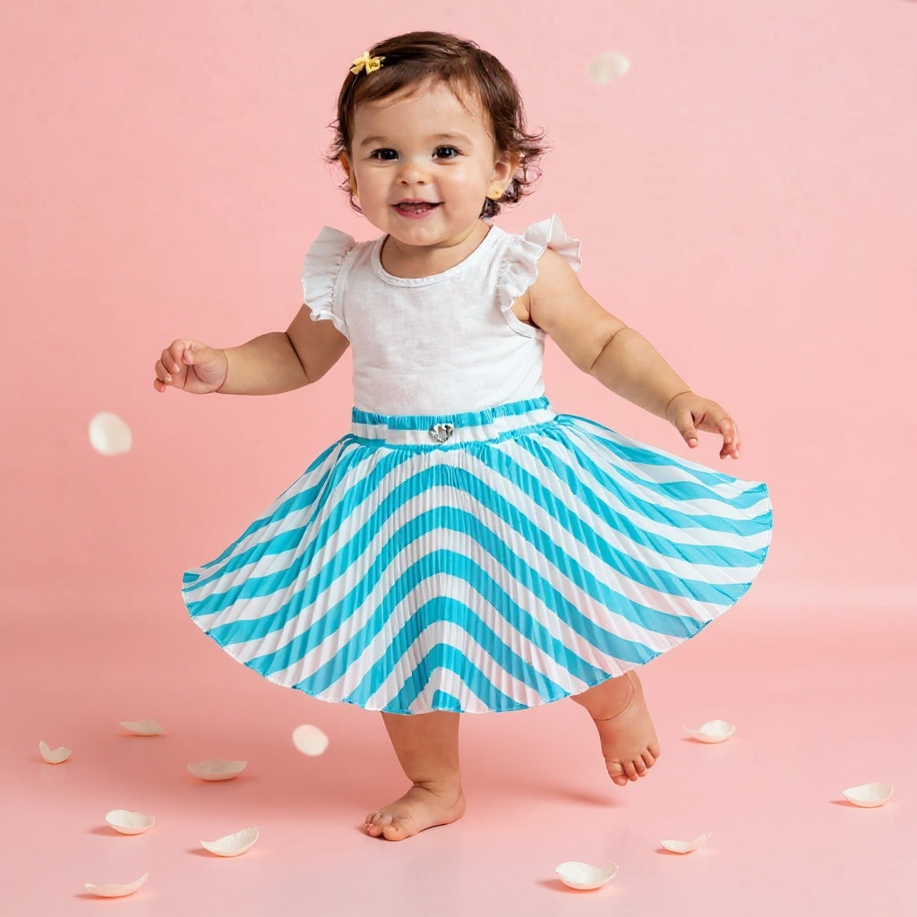Baby Girls Teal Blue Striped Skirt – Single Piece Only | Elegant Pleated Skirt for 1–4 Years