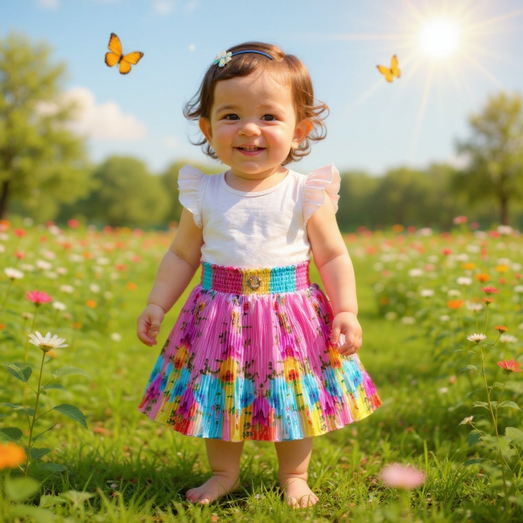 Baby Girls Single Piece Floral Pleated Satin Skirt with Elastic Waist & Inner Lining (Astar) – 100% Quality Guaranteed