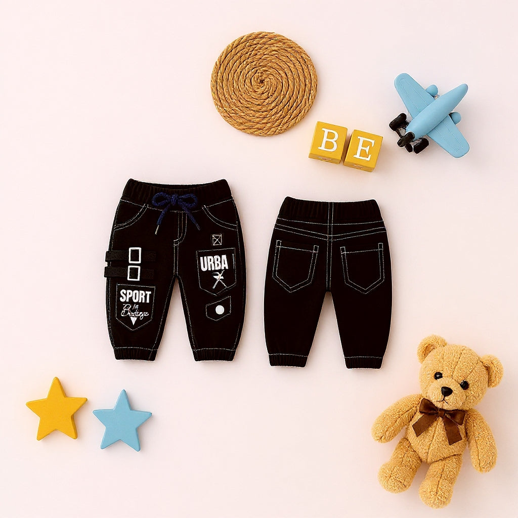 Baby Boys Stylish Black Cargo Jogger Pants | Soft & Comfortable Cotton Bottom Wear