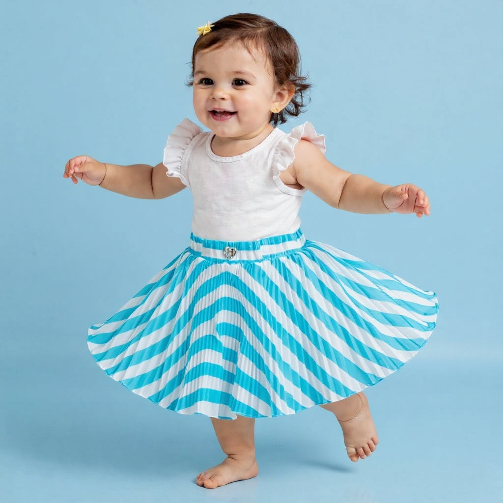 Baby Girls Teal Blue Striped Skirt – Single Piece Only | Elegant Pleated Skirt for 1–4 Years