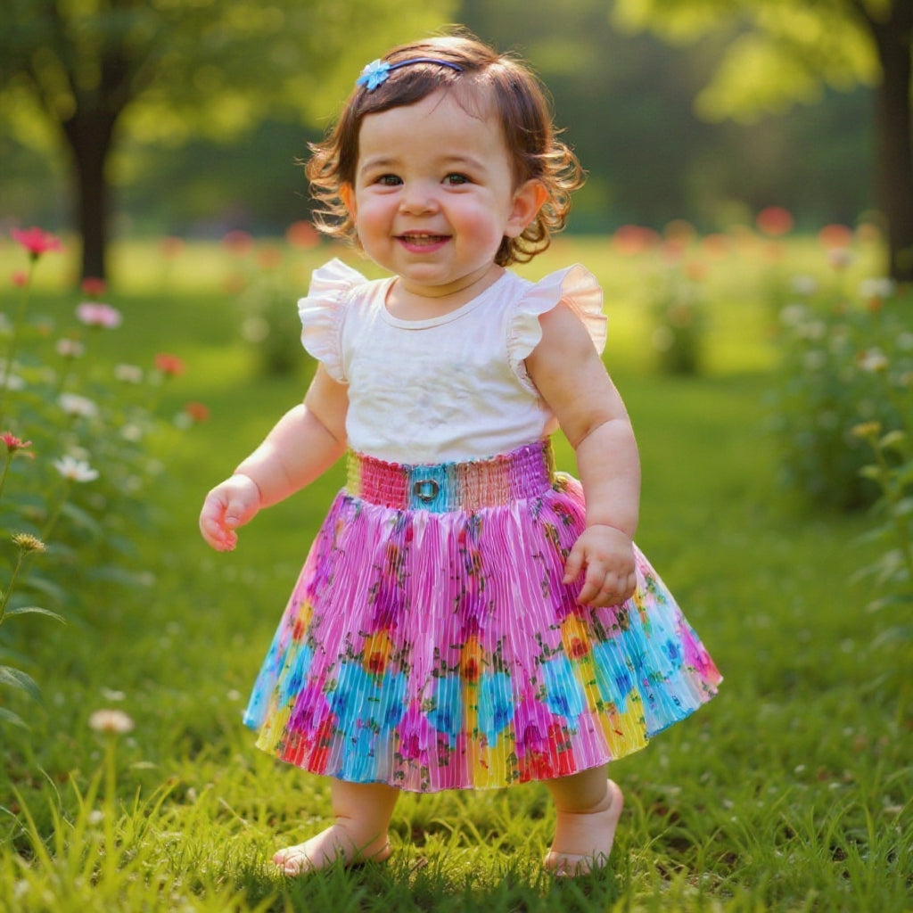 Baby Girls Single Piece Floral Pleated Satin Skirt with Elastic Waist & Inner Lining (Astar) – 100% Quality Guaranteed