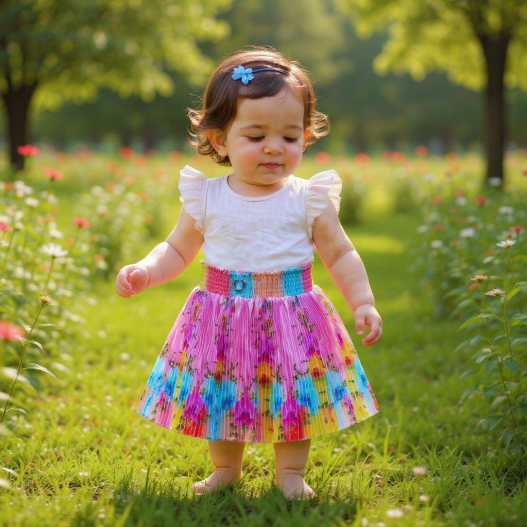 Baby Girls Single Piece Floral Pleated Satin Skirt with Elastic Waist & Inner Lining (Astar) – 100% Quality Guaranteed