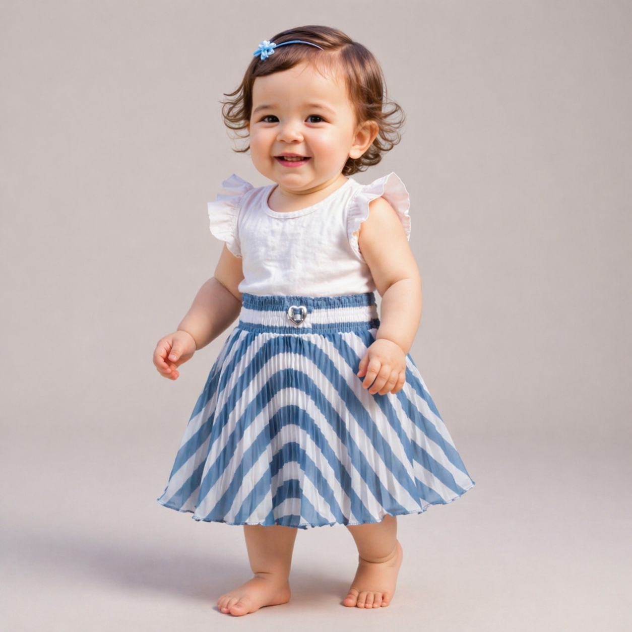 Baby Girls Blue & White Striped Pleated Skirt | Soft Elastic Waist | Stylish Single Piece Skirt