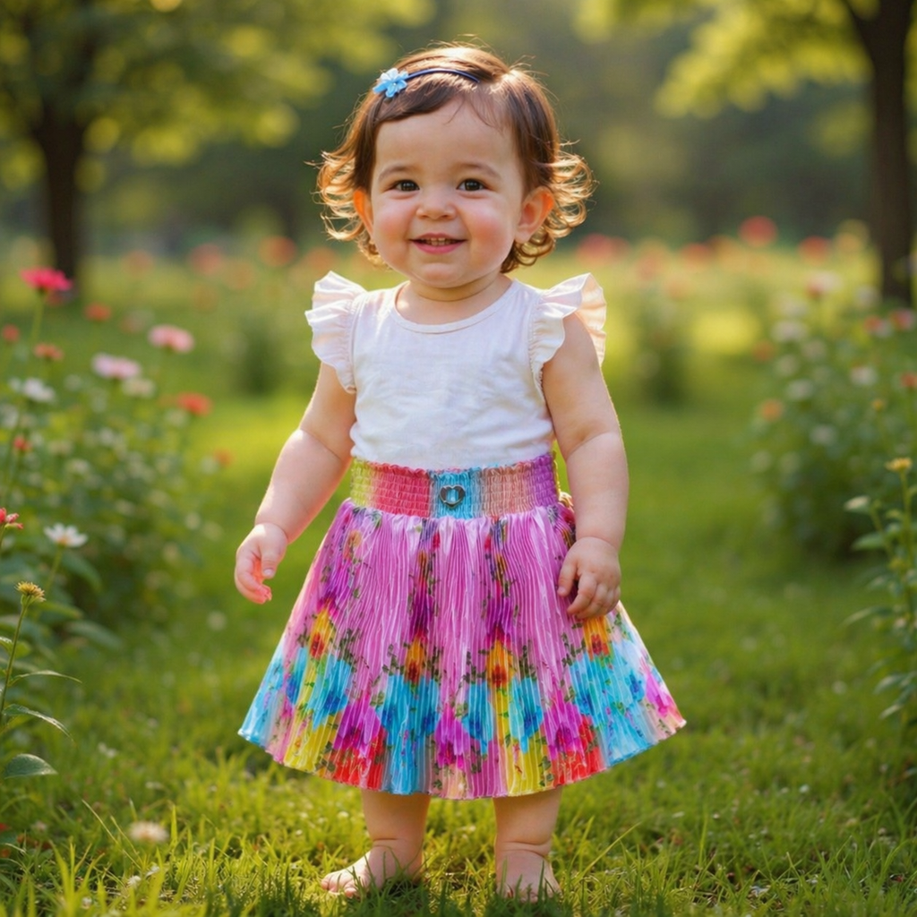 Baby Girls Single Piece Floral Pleated Satin Skirt with Elastic Waist & Inner Lining (Astar) – 100% Quality Guaranteed
